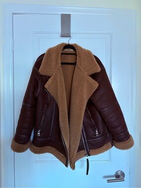 Zara Brown Leather Aviator Jacket with Tan Shearling